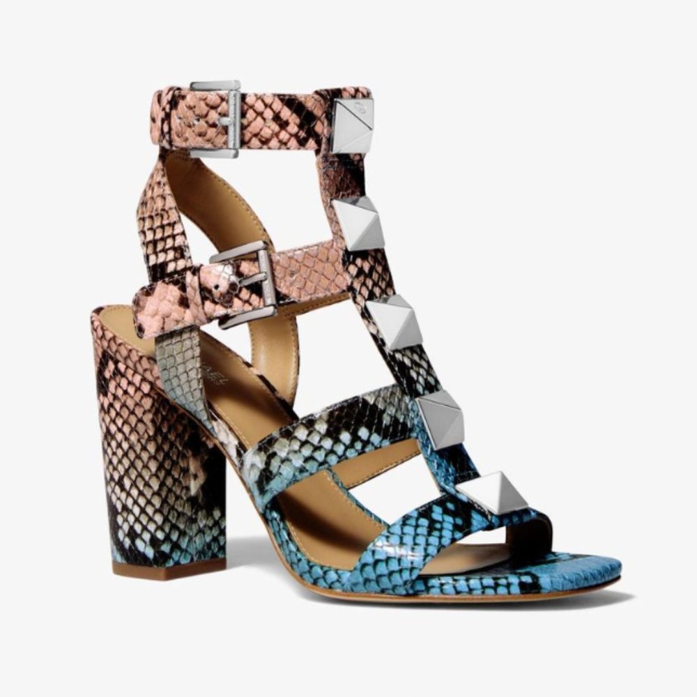 Michael Kors Wren Studded Ombré Snake Embossed Leather Sandal 10
